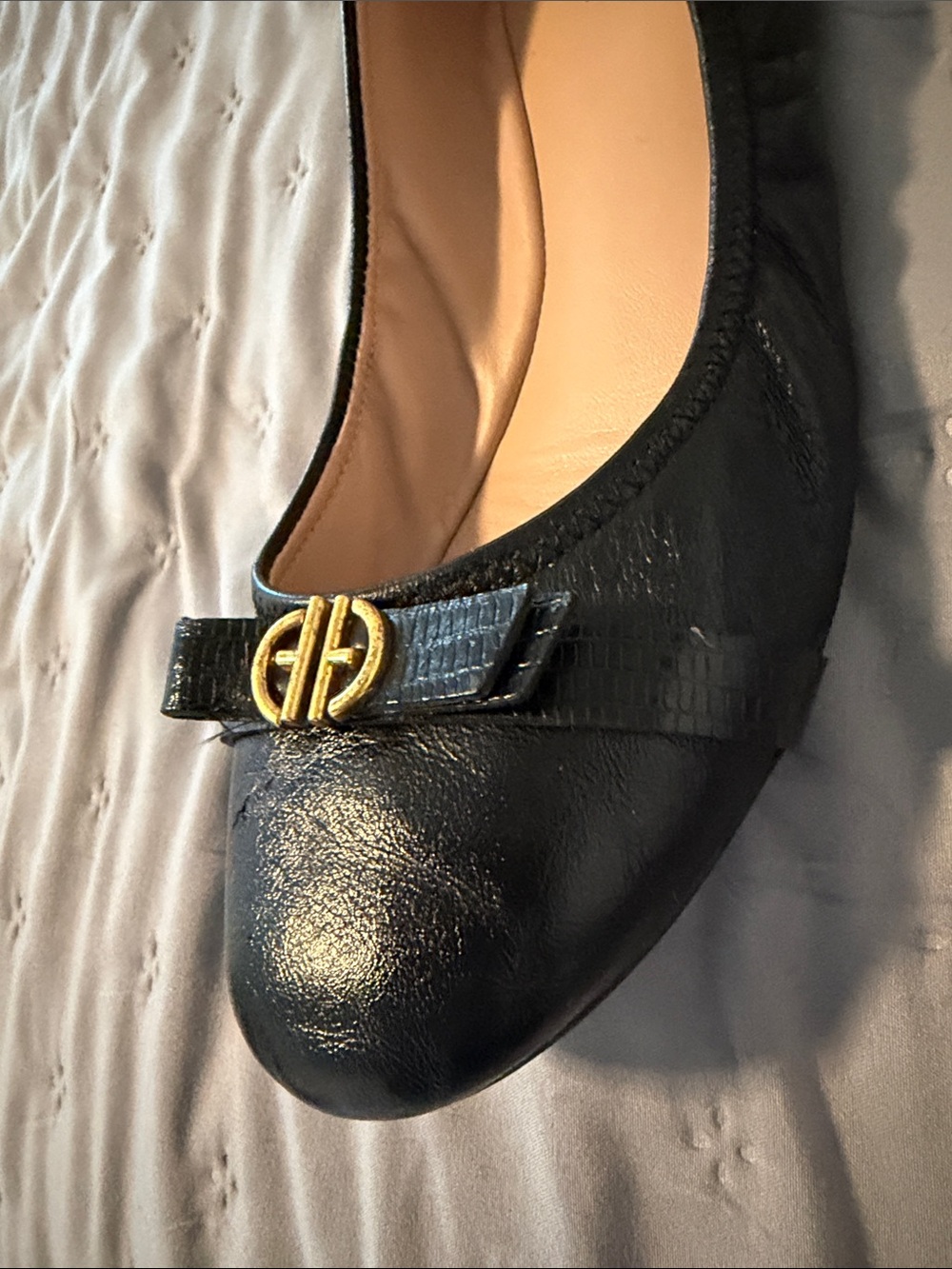 Cole Haan Black Leather Ballet Flats with Gold Double-H Logo - Picture 9 of 10